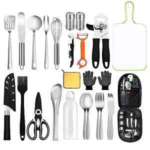 AOFUXTI Camping Cooking Utensils Set - 25 Pieces Camping Kitchen Equipment, Compact and Portable Camper Accessories, Perfect for Travel, Picnic, RV, Camping, BBQ, Party