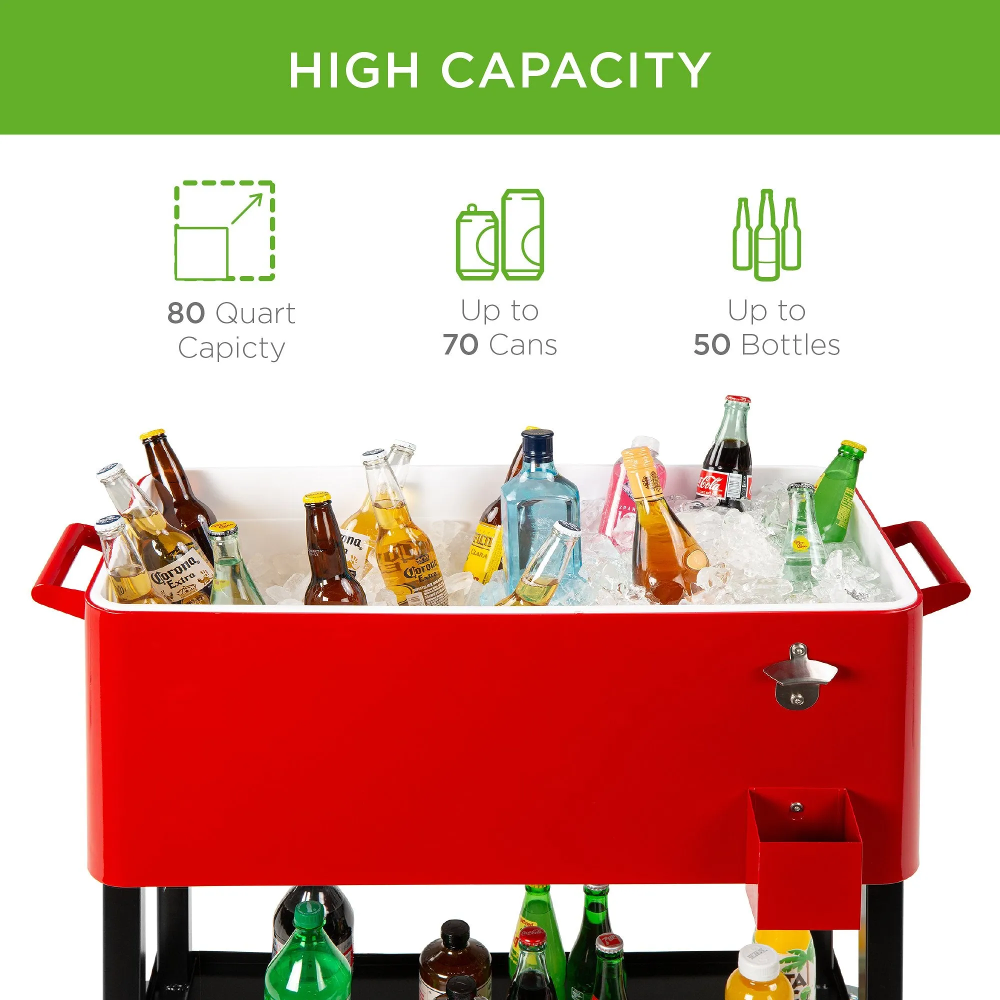 Portable Rolling Cooler Cart w/ Bottle Opener, Catch Tray